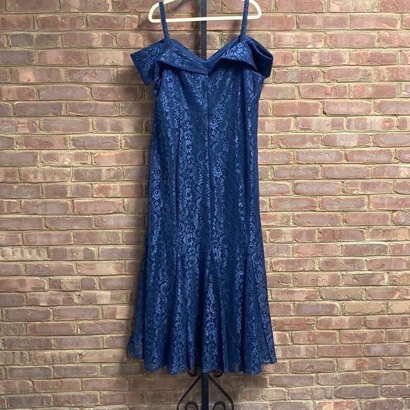 R&M Richards Navy Off the Shoulder Fishtail Evening Gown with Full Body Shimmer - Picture 7 of 12